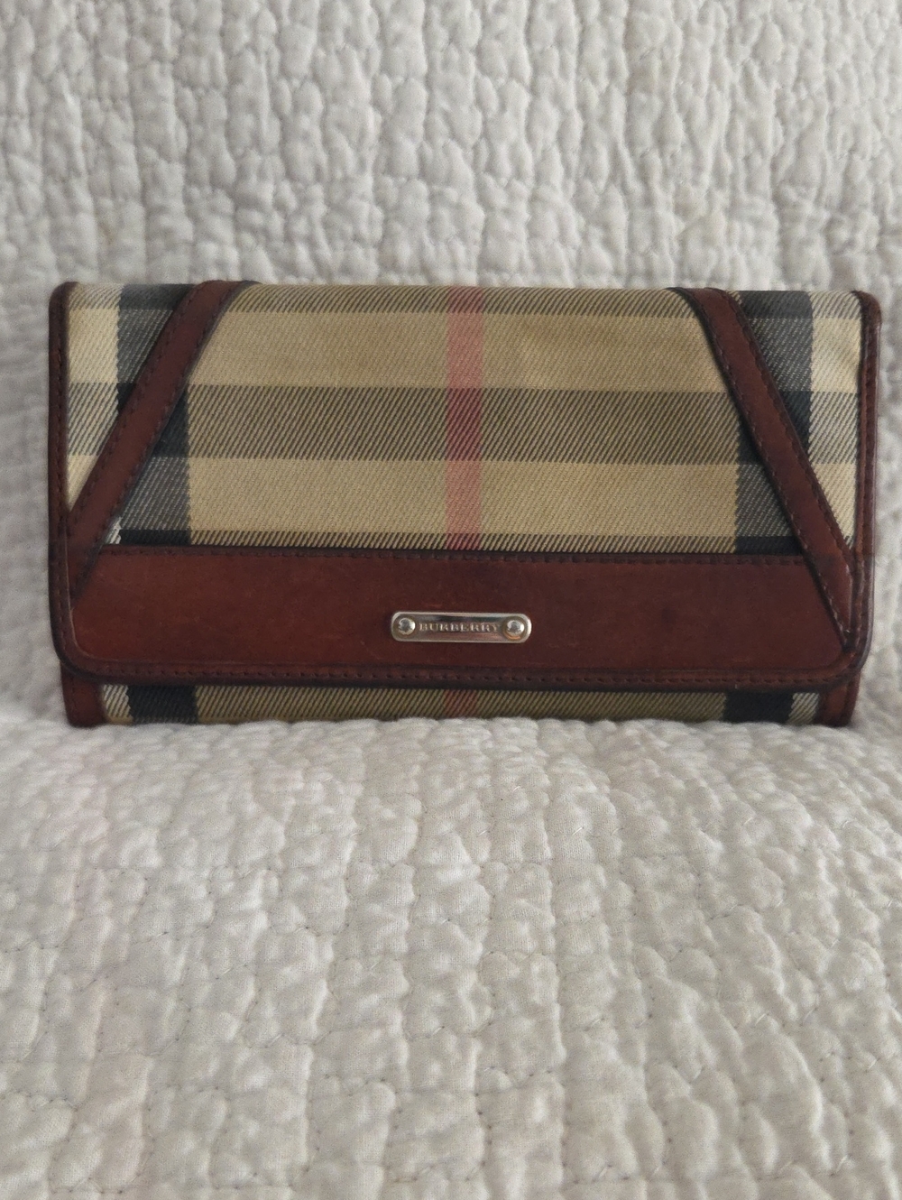 Burberry Beige Plaid Continental Wallet with Brown Leather Trim